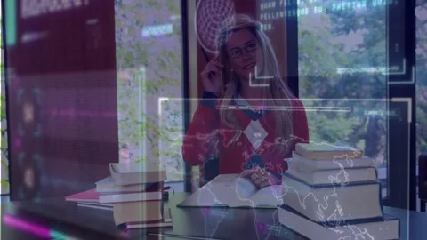 Student flipping pages, taking notes, pausing, adjusting glasses as HUD map Stock Footage 329700516