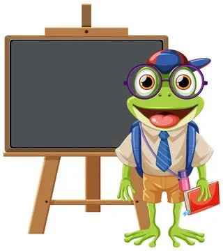 Student Frog Cartoon Character with Empty Board Illustrazione stock