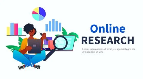 Student girl analyzing statistic data on digital screen online research e Stock Illustration