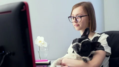 Student girl. Distance Learning. science or lessons listening on the Internet Stock Footage 128310975