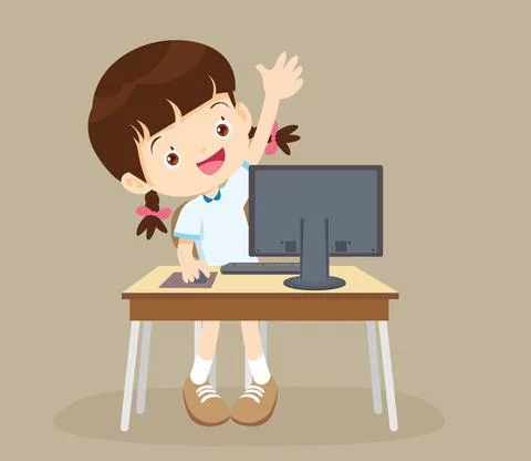 Student girl learning computer hand up イラスト素材