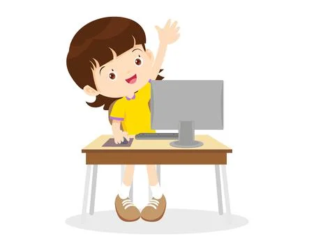 Student girl learning computer hand up Illustrazione stock