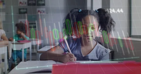 Student girl pausing pencil after finishing line looking up while charts Stock Footage 320652564