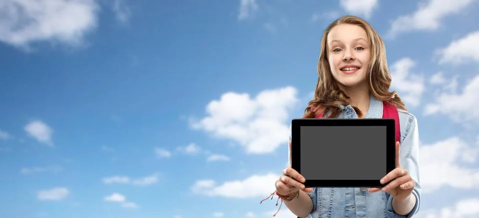 Student girl with school bag and tablet computer Stock Photos