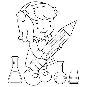 Student girl in science class. Vector black and white coloring page Stock Illustration