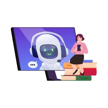 Student girl with smartphone sitting on stack of books, vector chat bot AI Illustrazione stock