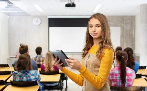 Student girl using tablet computer at school Stock Photos