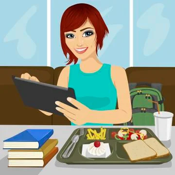 Student girl using tablet in fast food restaurant Stock Illustration