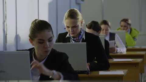 Student Girls Group Computer Work Office Place Stock Footage 117209292