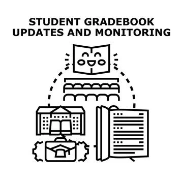 Student gradebook system connecting a university. Lecture hall. And open book Illustrazione stock