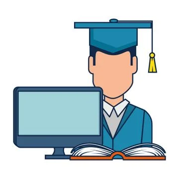 Student graduation with computer and book Illustrazione stock