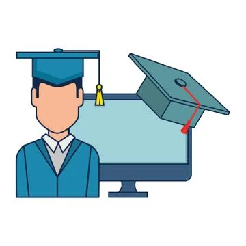 Student graduation with computer and hat Illustrazione stock