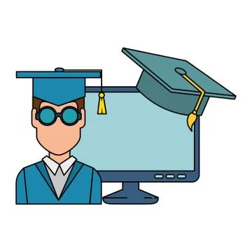 Student graduation with computer and hat Stock Illustration