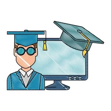 Student graduation with computer and hat 스톡 일러스트