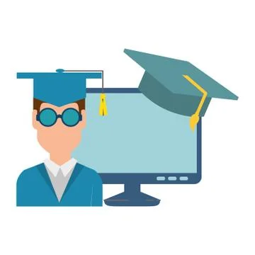 Student graduation with computer and hat Illustrazione stock
