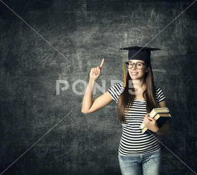 Student in Graduation Hat, Finger Point, Master Girl in Glasses Mortarboard Stock Photos