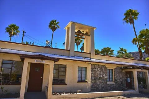 Student Group Desert Study Center Main Building with Bell Tower Palm Trees,.. Stock Photos