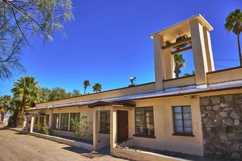 Student Group Desert Study Center Bell Tower Palm Trees at Mojave Building,.. Stock Photos