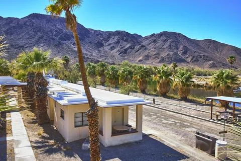 Student Group Desert Study Center Building Palm Trees Mountains in Mojave L.. Stock Photos