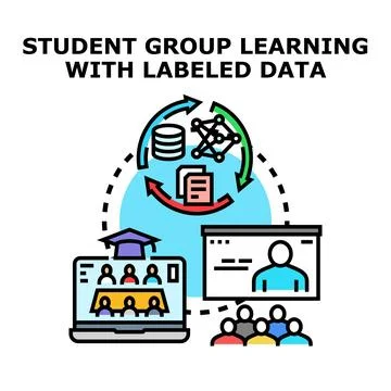 Student group learning with labeled data vector concept Stock Illustration