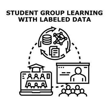 Student group learning with labeled data vector concept Stock Illustration