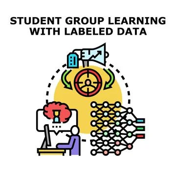 Student group learning with labeled data concept Stock Illustration