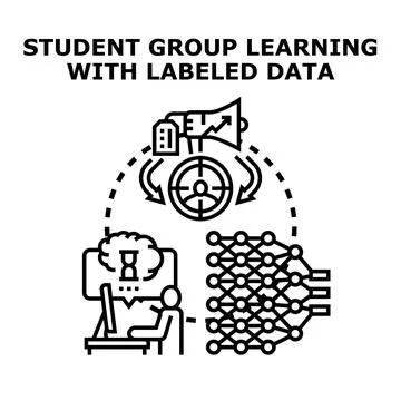 Student group learning with labeled data concept Stock Illustration