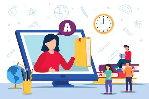 Student group online class computer book concept Stock Illustration