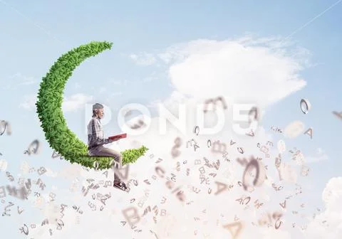 Student guy with book in hands preparing for exam and symbols fl Stock Photos