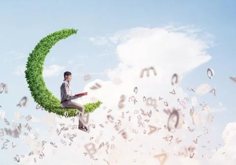 Student guy with book in hands preparing for exam and symbols fl Stock Photos