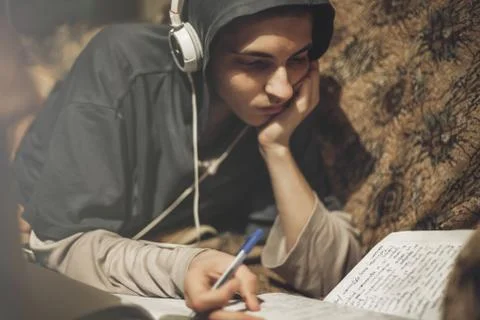 Student guy studying at home Stock Photos