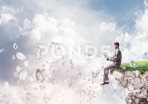 Student guy in suit with smartphone in hands send message Stock Photos