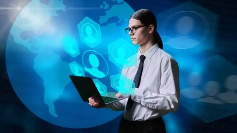 Student guy using laptop for global online communication Stock Photos