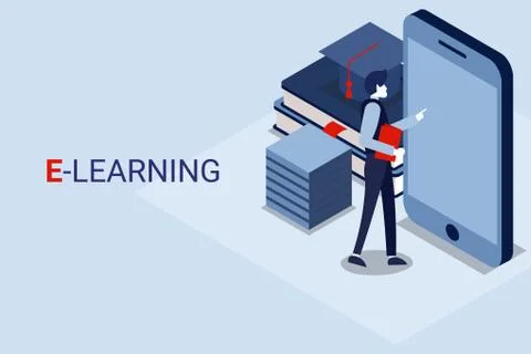 Student Guy Using Smartphone Learning Online Over Blue Background, Vector Stock Illustration