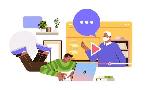 Student guy viewing lecture recordings online education video lectures and イラスト素材
