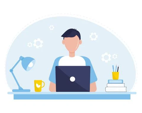 Student guy working on laptop. Learning online Stock Illustration