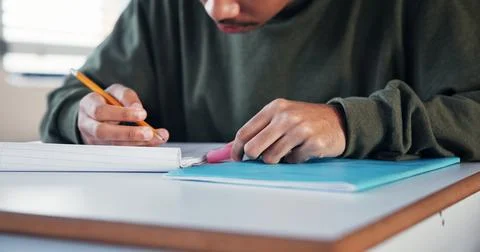 Student, hands and cheating with note in test for exam information, math Stock Photos
