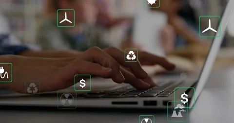 Student hands pressing keys in class, activating sustainability icons Stock Footage 329870539