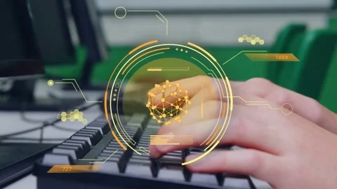 Student hands typing after task cue showing, HUD tracking motion while camera Stock Footage 335739587