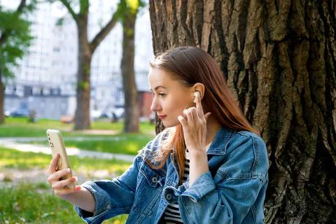 Student having video call .break in university, wifi in public places Stock Photos