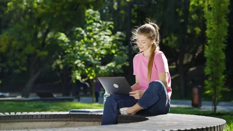Student having zoom event on laptop in park Stock Footage 165212976