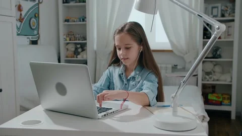 Student in headphone study online with internet teacher learn looking at laptop Stock Footage 133165381