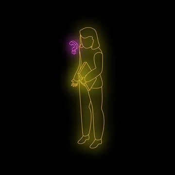 Student holding book thinking with question mark neon sign style light Stockillustratie