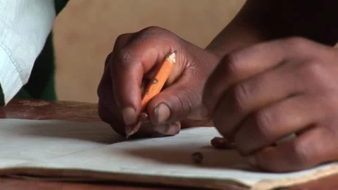 Student holding pencil, counting beans on notebook for math lesson in rural Stock Footage 325479514
