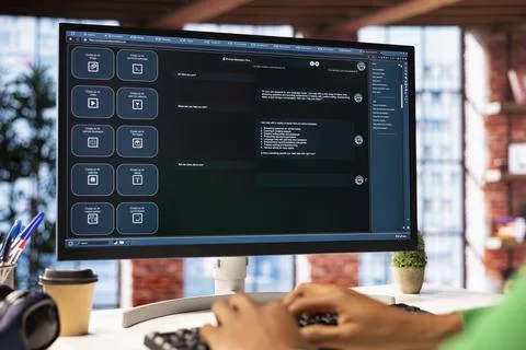 Student at home using AI LLM chatbot software on PC Stock Photos