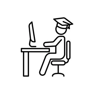 Student icon. Flat remote training pictogram for web. Line stroke. Study at h Stock Illustration