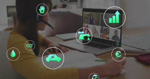 Student joining online class using laptop with headset learning icons overlaying Stock Footage 330160915