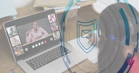 Student joining tech call, donning headset, noting as teacher speaking, shielded Stock Footage 330772135