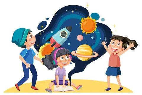 Student kids learning astronomy Ilustración de archivo