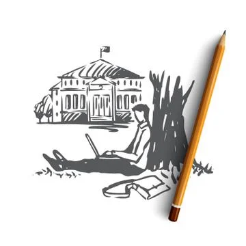 Student, laptop, tree, work, park concept. Hand drawn isolated vector. Stock Illustration